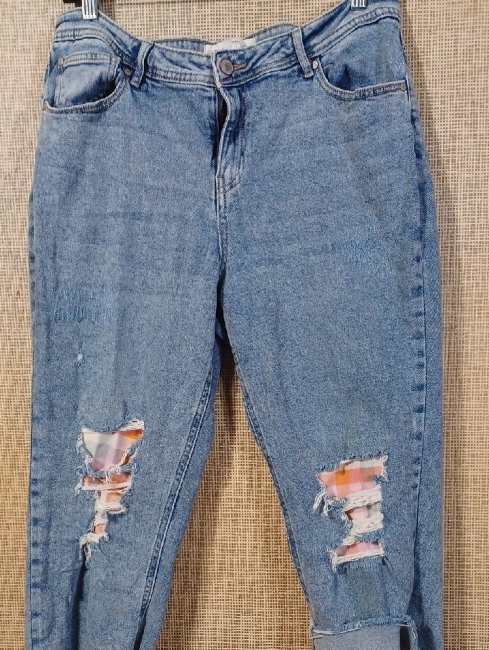 Light Blue Distressed Boyfriend Jeans with Colorful Patch Details
